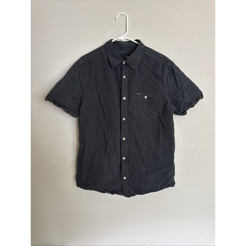 Hurley Mens Short Sleeve Collared Button Up Size L Gray Black Skater Stripes